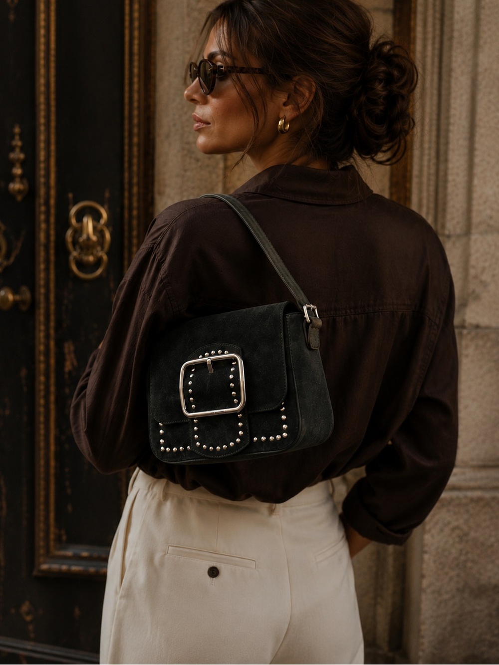 Vintage Italian Suede Studded Silver Buckle Shoulder Bag | Dark Olive Leather